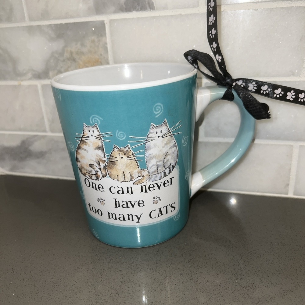 TUMBLEWEED POTTERY "ONE CAN NEVER HAVE TOO MANY CATS" TEAL COFFEE/TEA MUG